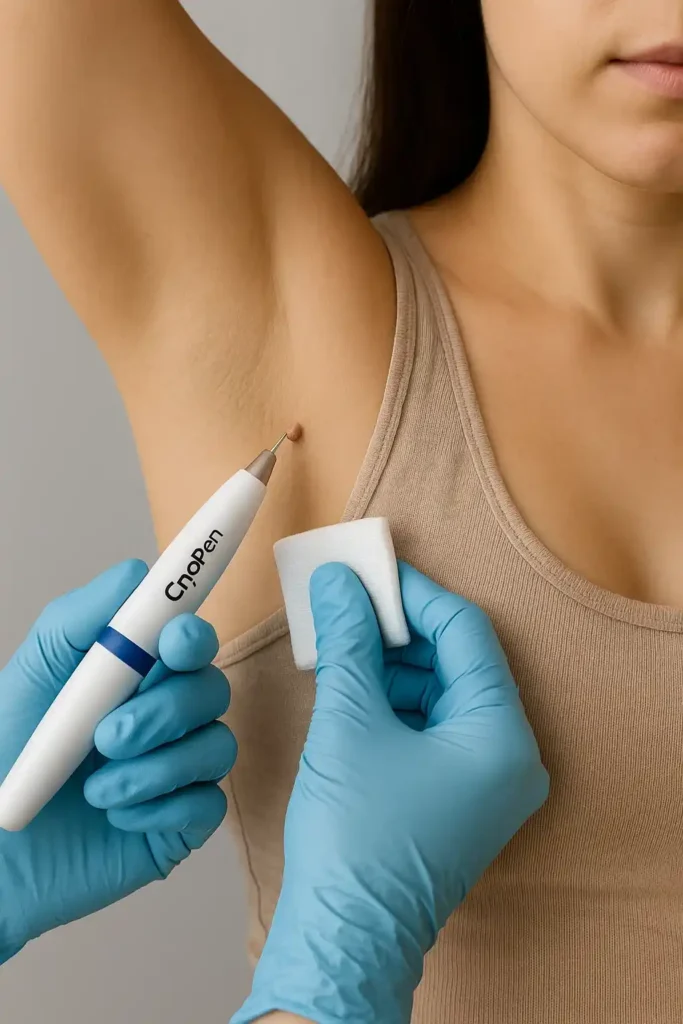 woman having cryopen to remove underarm skin tags Middlewich