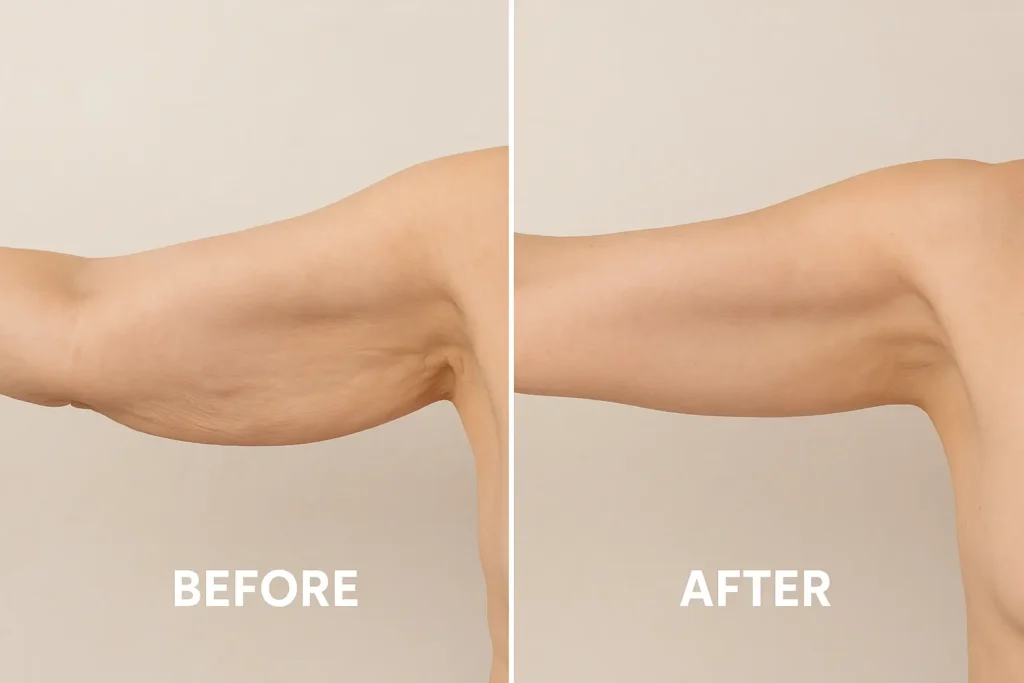 Picture of LA LIPO Middlewich before and after results of skin tightening treatment on the upper arms.