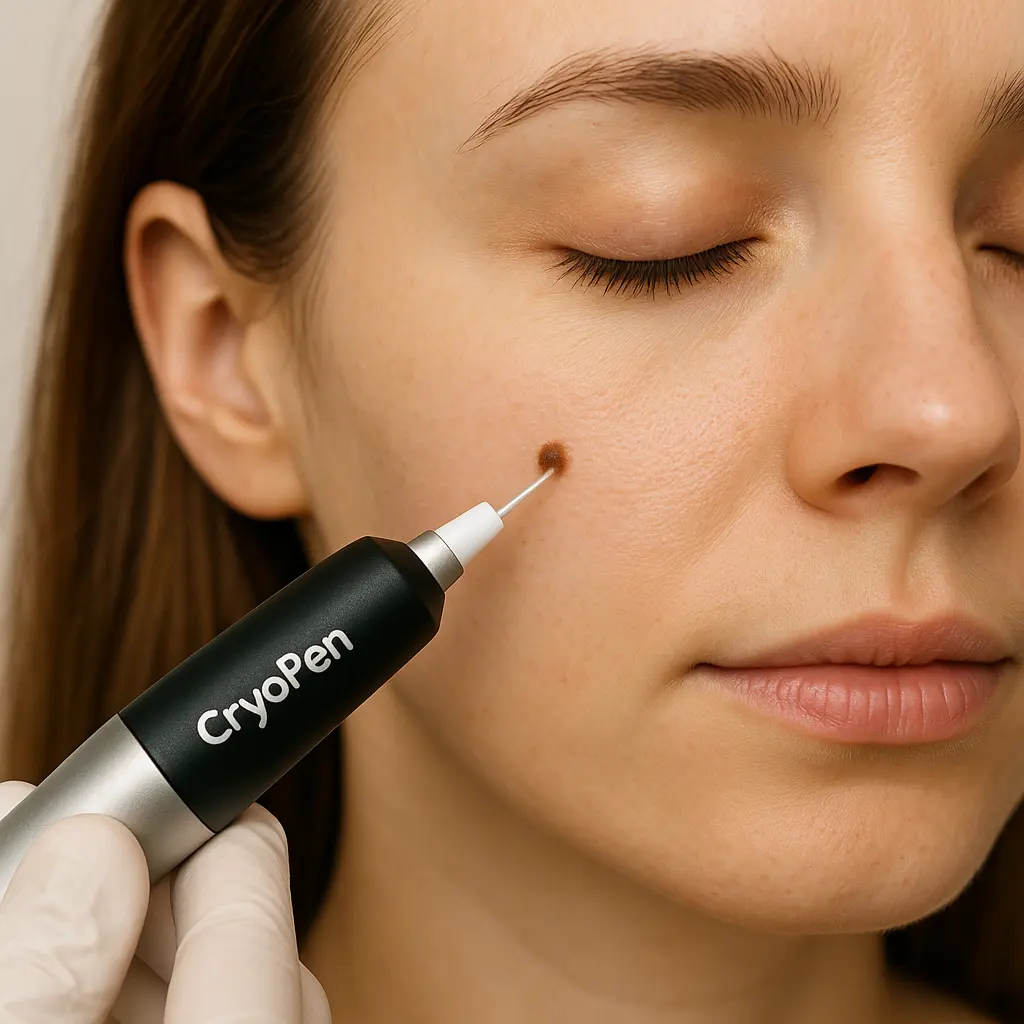 woman receiving facial mole removal Middlewich using cryopen