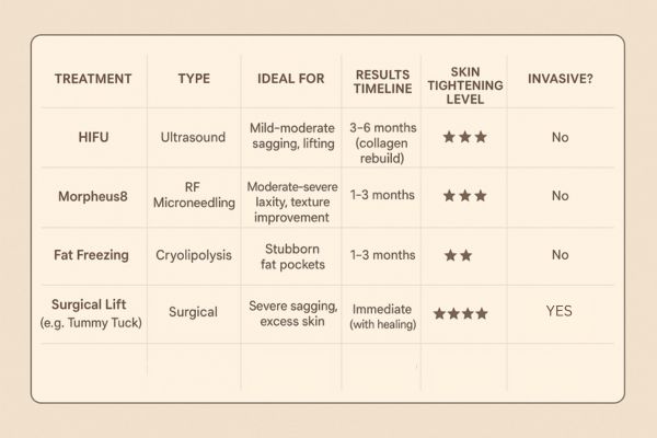 Table showing the comparisons of Skin tightening Middlewich treatment options.
